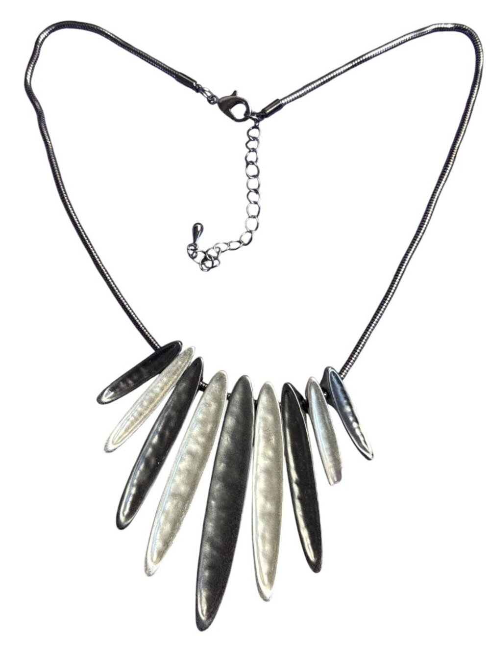 Gunmetal Silvertone Beaded Statement Bib Necklace Serpentine Chain Lobster Clasp